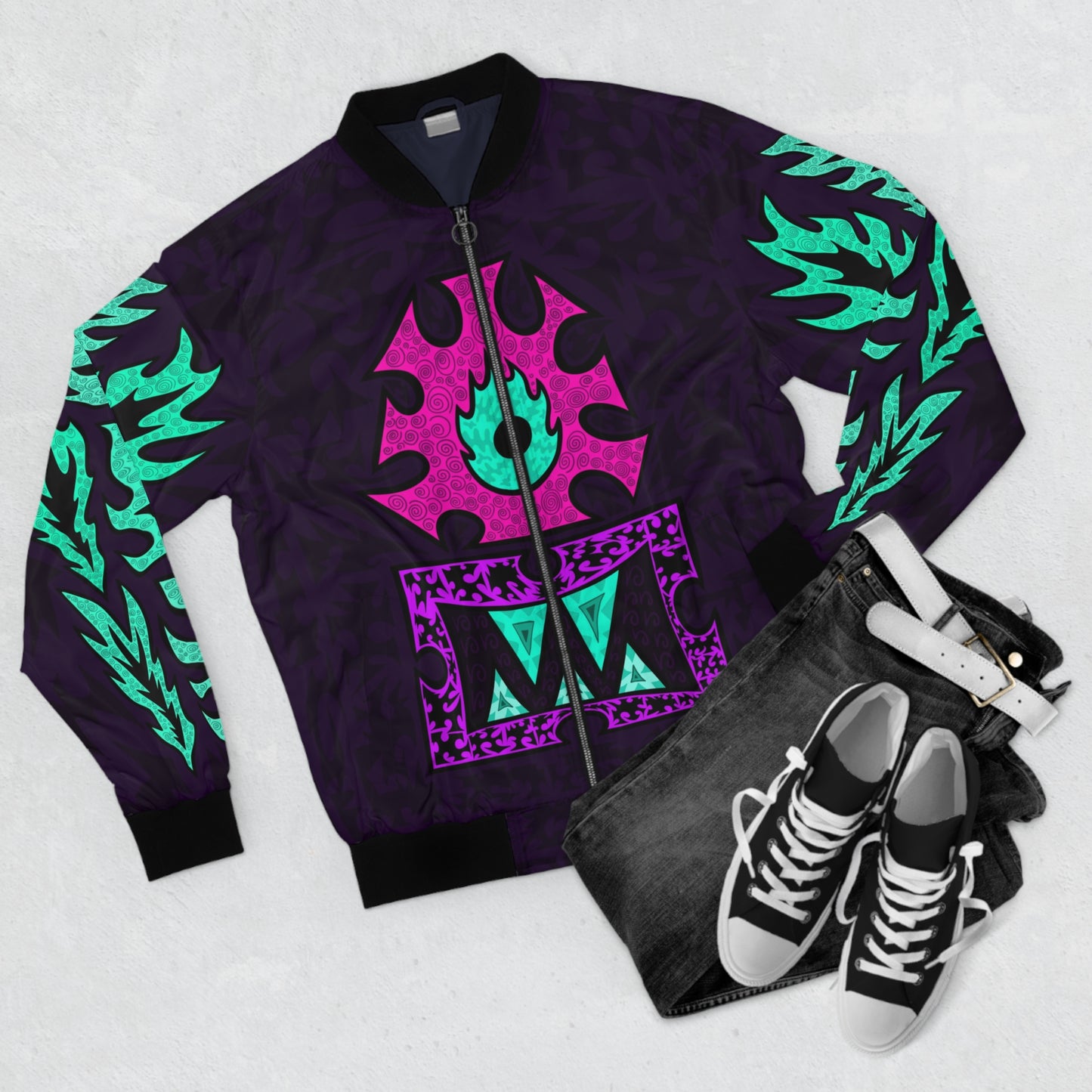 Psychedelic Tribal Bomber Jacket — Neon Eye & Flame Graphic