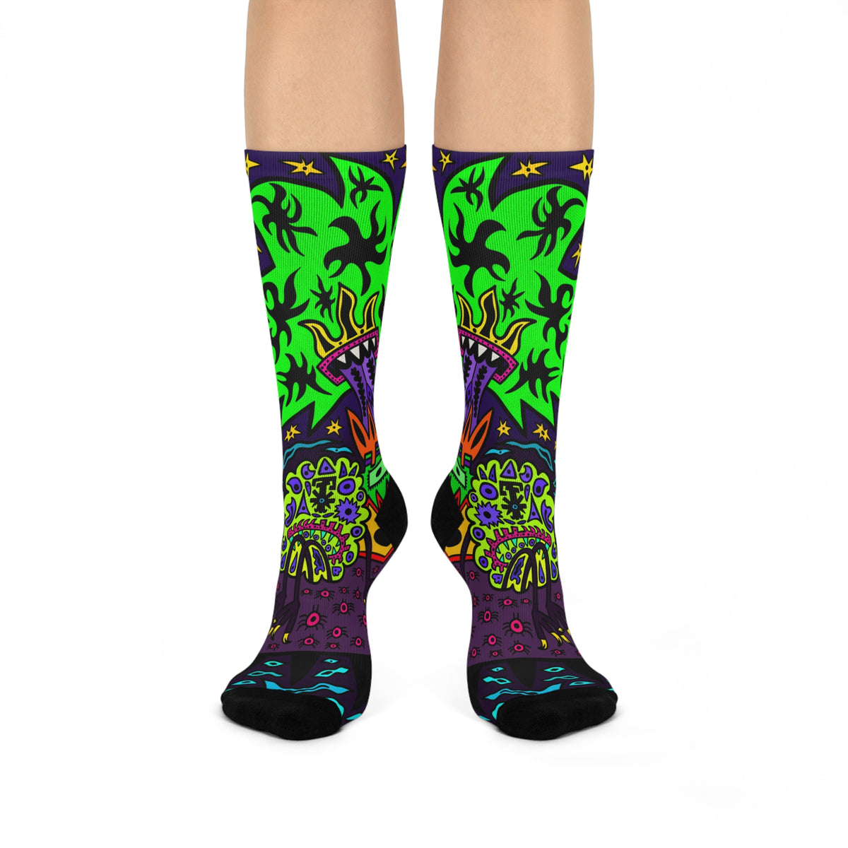Psychedelic Skull Crew Socks — Bright Neon Day of the Dead Floral Design