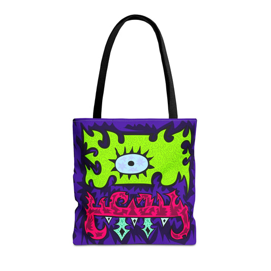 Psychedelic Monster Tote Bag — Neon Eye & Teeth All-Over Print