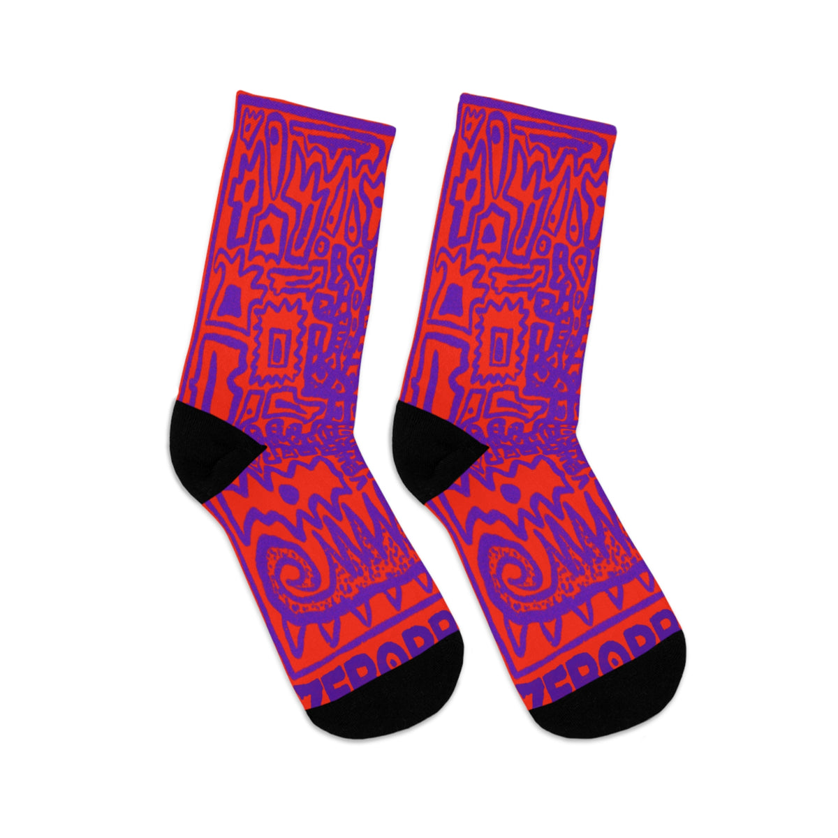 Abstract Retro Doodle Socks — Purple & Red Recycled Polyester Crew Socks