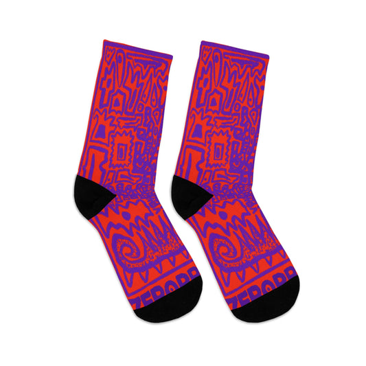 Abstract Retro Doodle Socks — Purple & Red Recycled Polyester Crew Socks