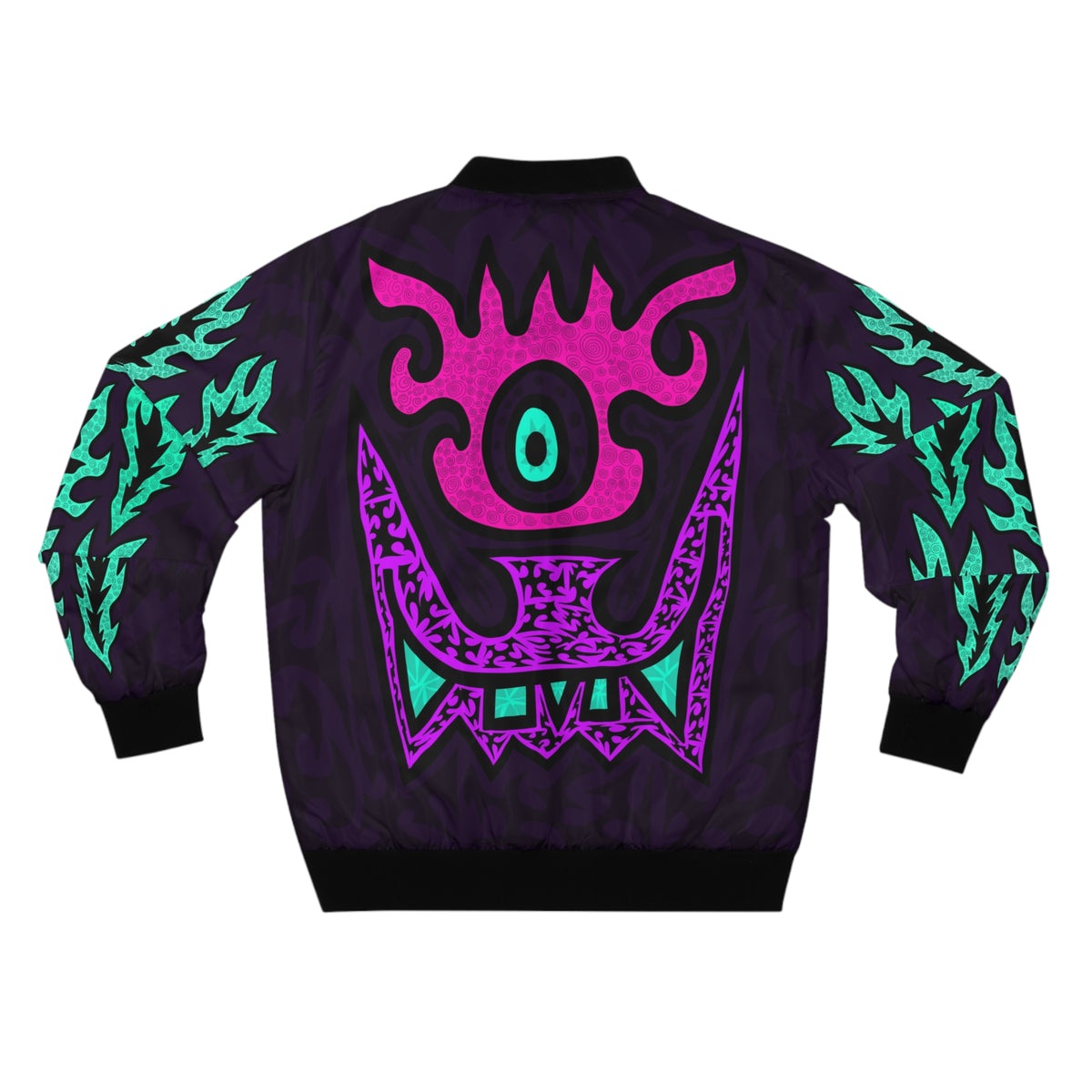 Psychedelic Tribal Bomber Jacket — Neon Eye & Flame Graphic