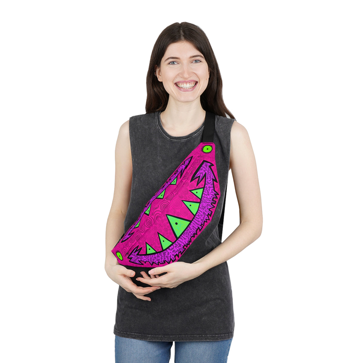 Pink Monster Smile Fanny Pack — Neon Green Teeth Festival Waist Bag