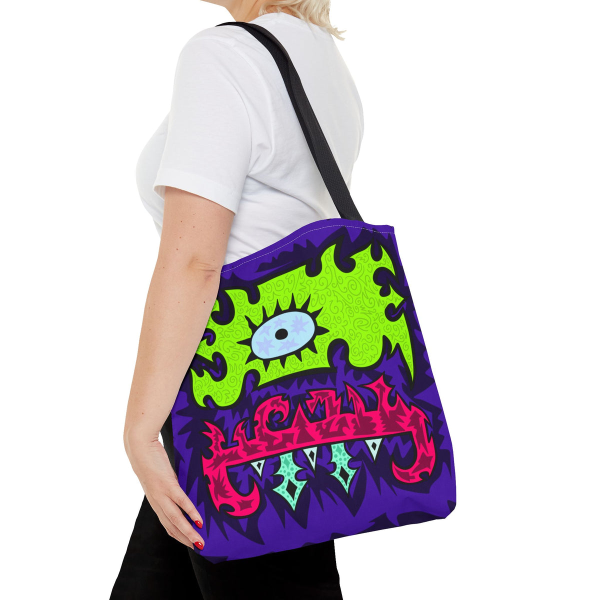 Psychedelic Monster Tote Bag — Neon Eye & Teeth All-Over Print