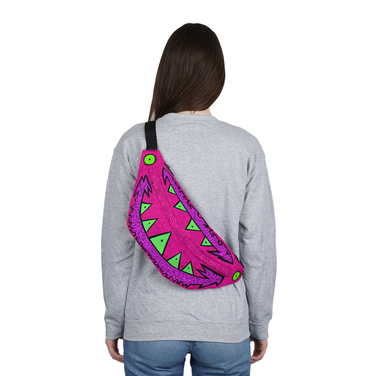 Pink Monster Smile Fanny Pack — Neon Green Teeth Festival Waist Bag