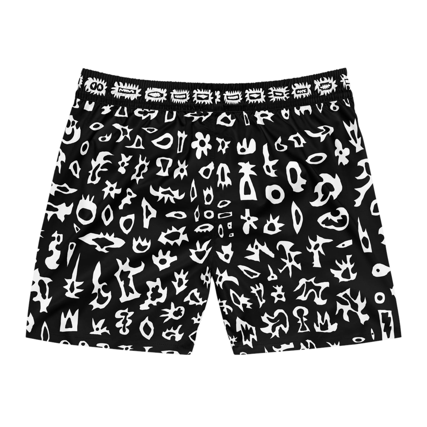 Abstract Monochrome Swim Shorts with Neon Tribal Faces