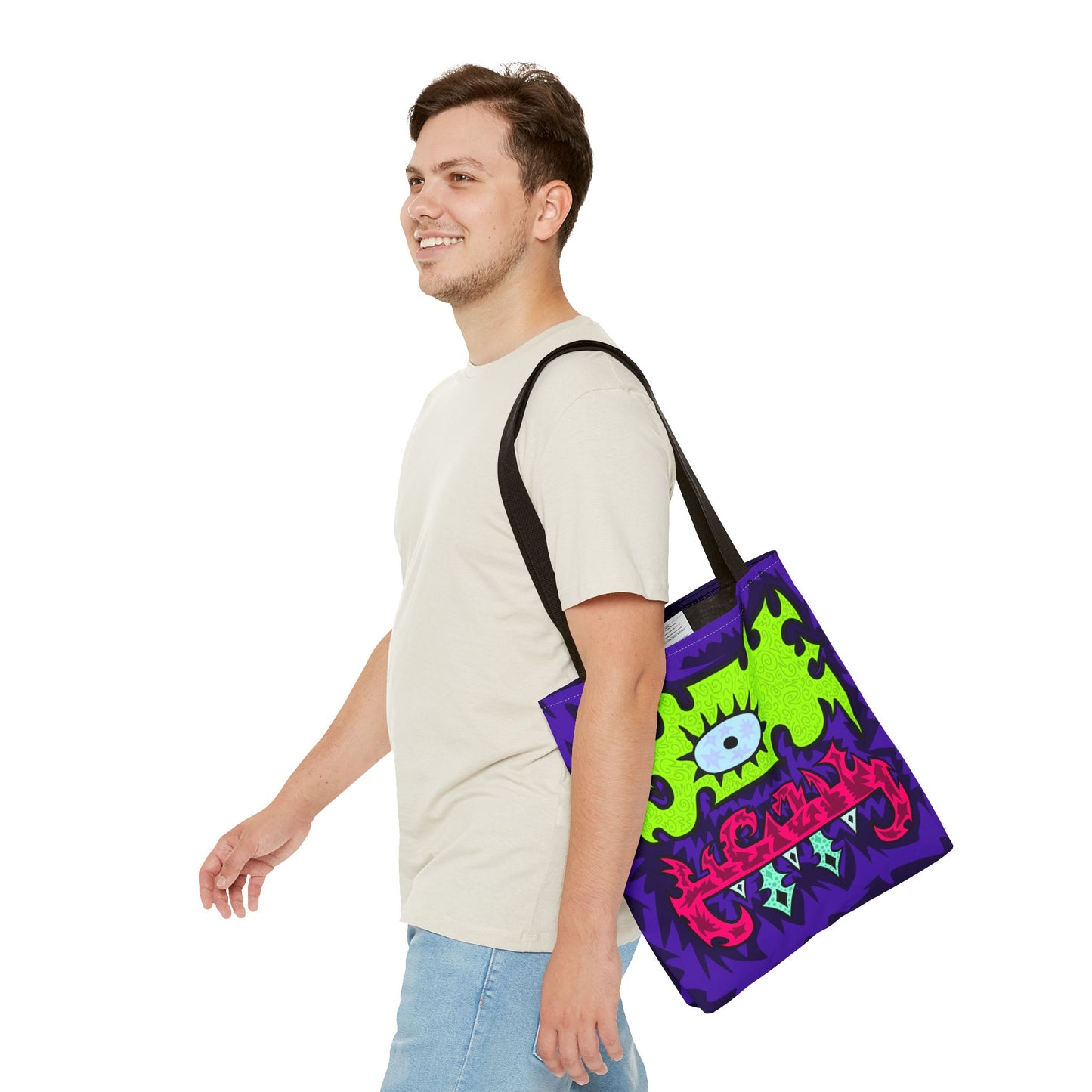 Psychedelic Monster Tote Bag — Neon Eye & Teeth All-Over Print