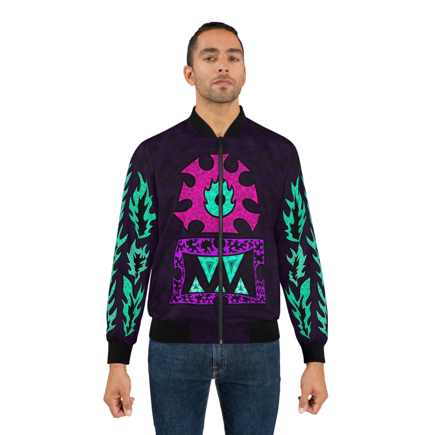 Psychedelic Tribal Bomber Jacket — Neon Eye & Flame Graphic
