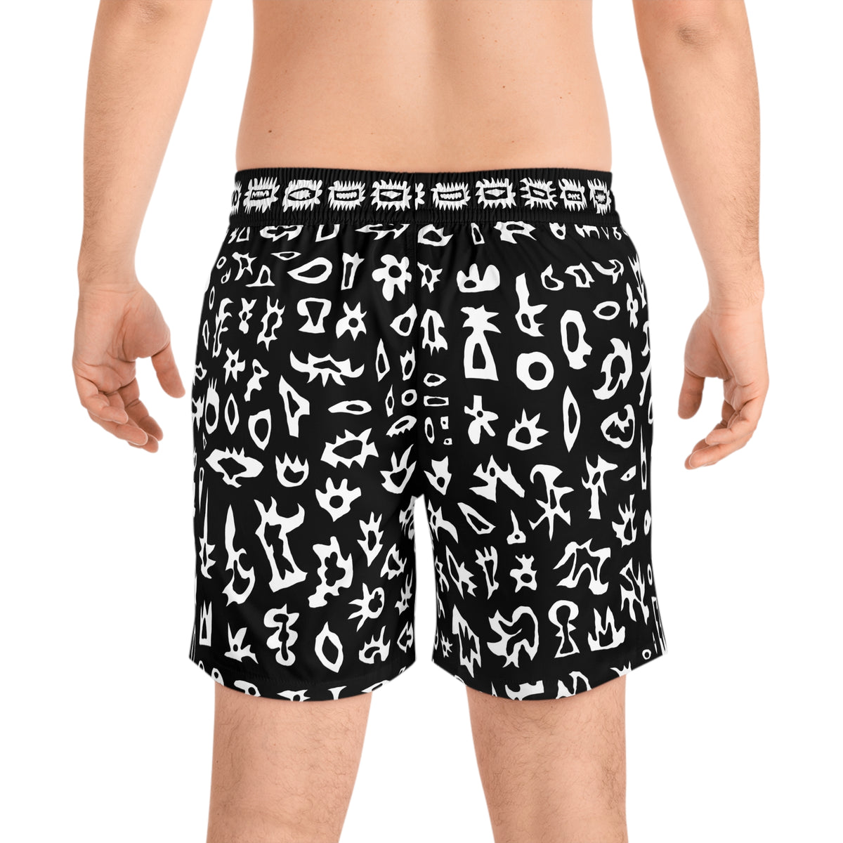 Abstract Monochrome Swim Shorts with Neon Tribal Faces