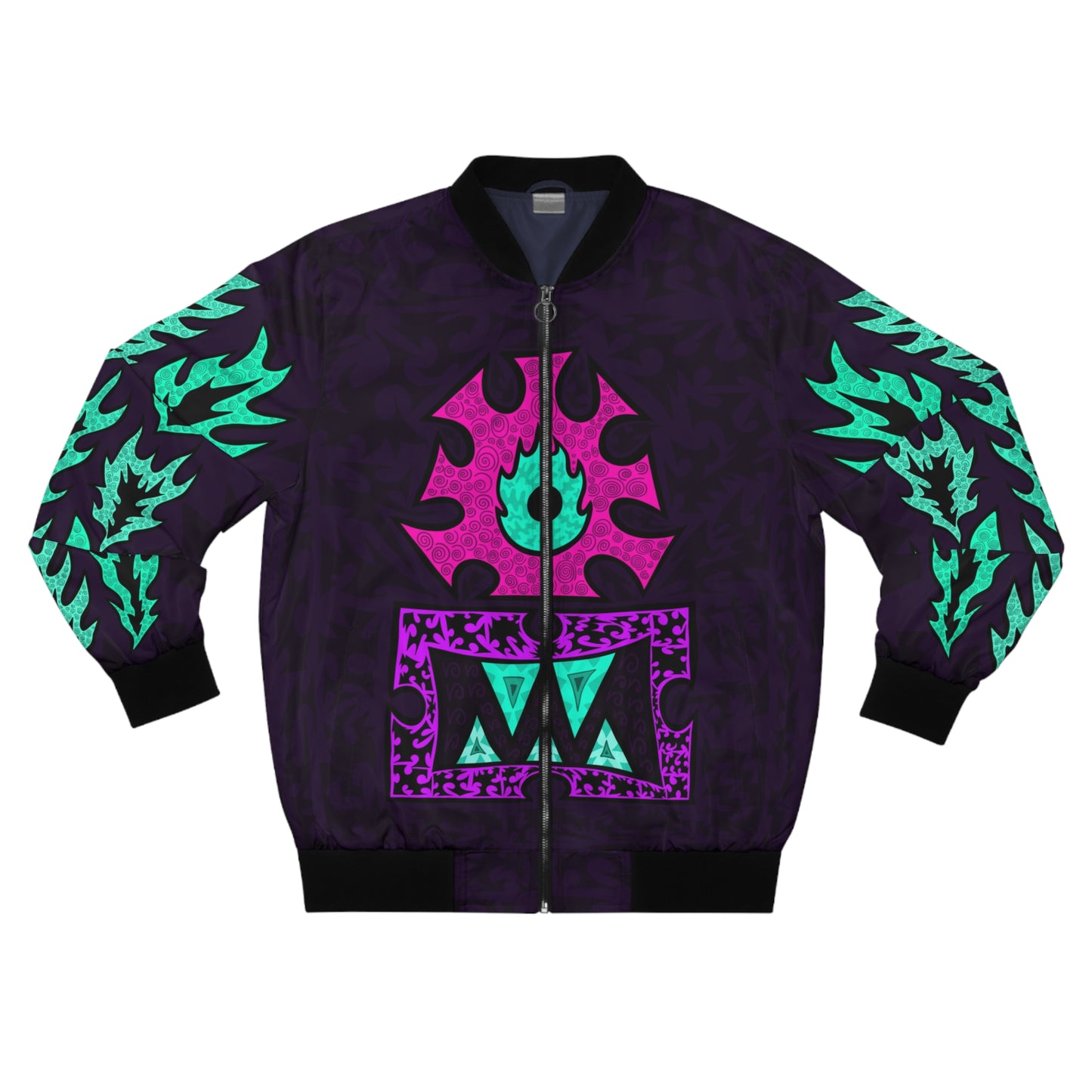 Psychedelic Tribal Bomber Jacket — Neon Eye & Flame Graphic