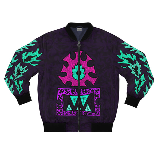 Psychedelic Tribal Bomber Jacket — Neon Eye & Flame Graphic