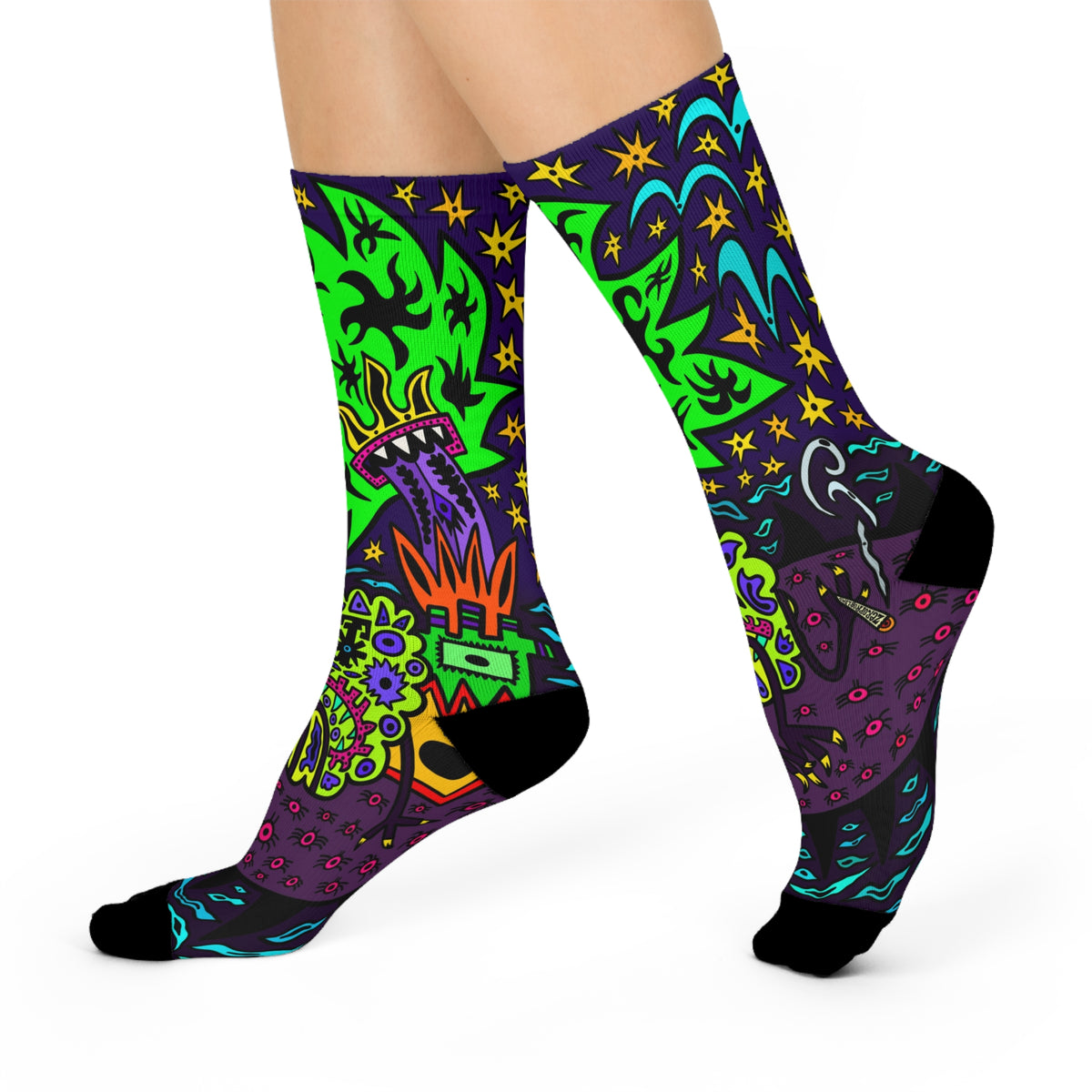 Psychedelic Skull Crew Socks — Bright Neon Day of the Dead Floral Design