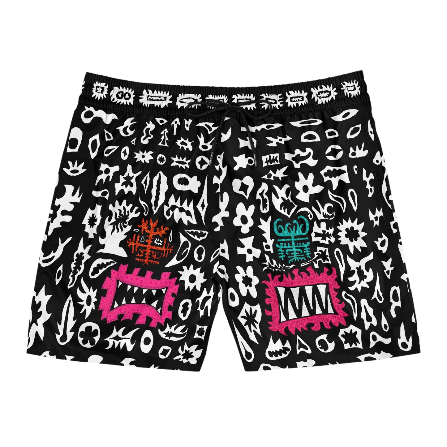 Abstract Monochrome Swim Shorts with Neon Tribal Faces