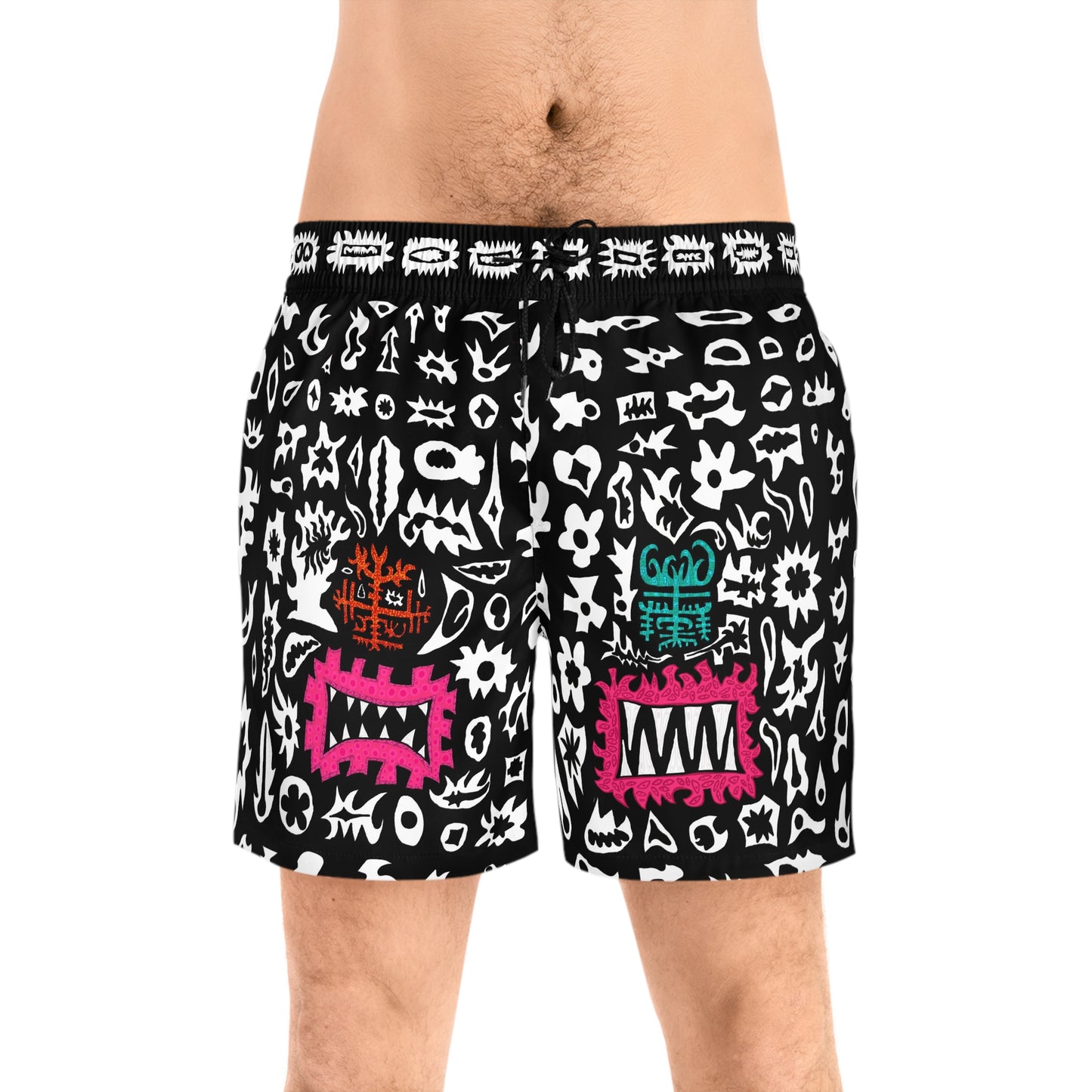 Abstract Monochrome Swim Shorts with Neon Tribal Faces